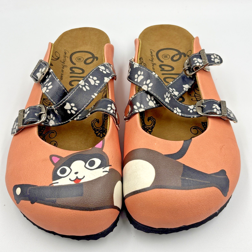 CALCEO Cross Strap Leather Clogs - Blush Cat Design Women Size EU 38 US 7.5